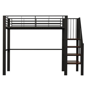 Schwarzes Merax Metall-Hochbett 90x200cm mit stabiler Treppe und viel Stauraum darunter. Ideal für Kinder & Erwachsene.