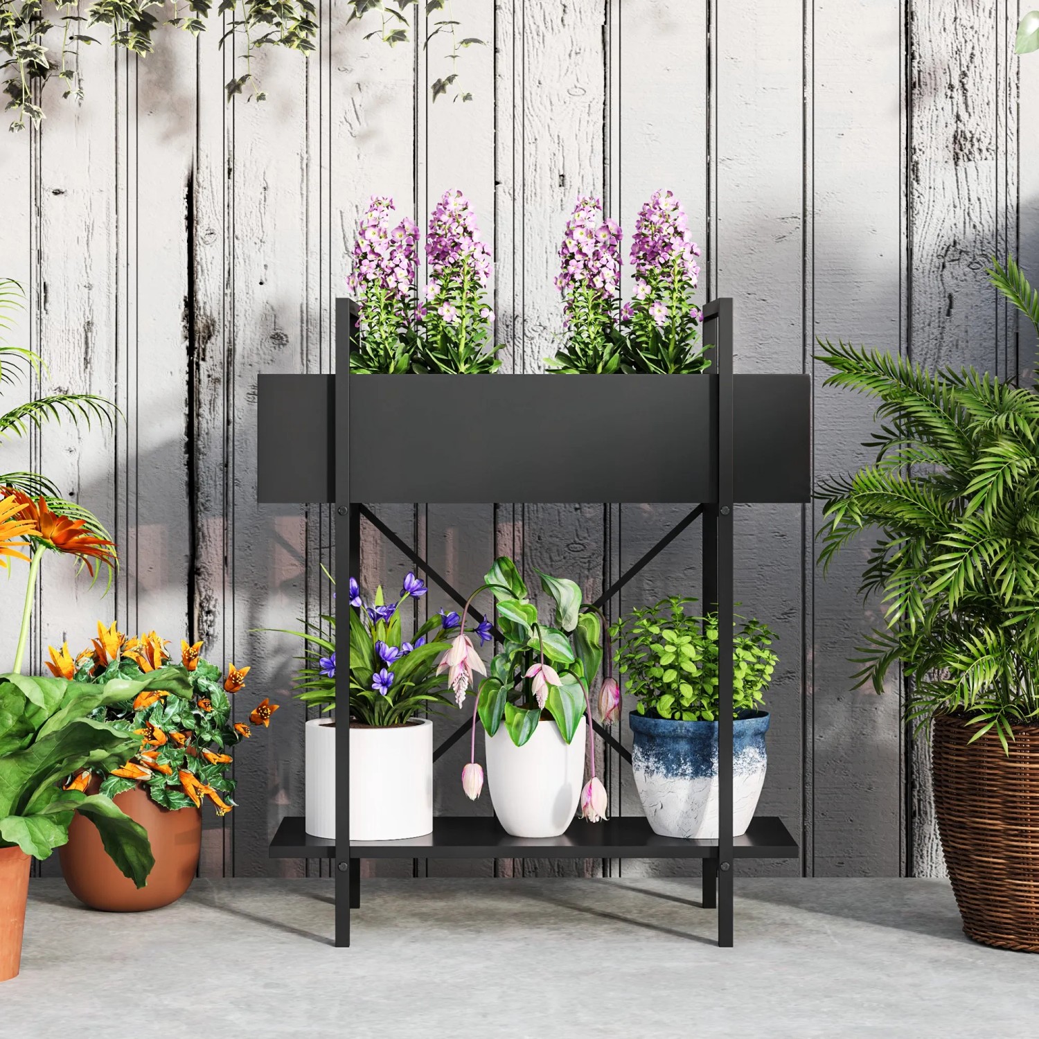 Outsunny Pflanzenständer aus Metall, schwarz, zweistufig, für Blumen und Pflanzen.