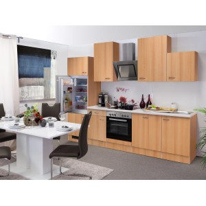 Flex-Well Küchenzeile Classic Nano 280 cm in Buche Nachbildung mit E-Geräten.