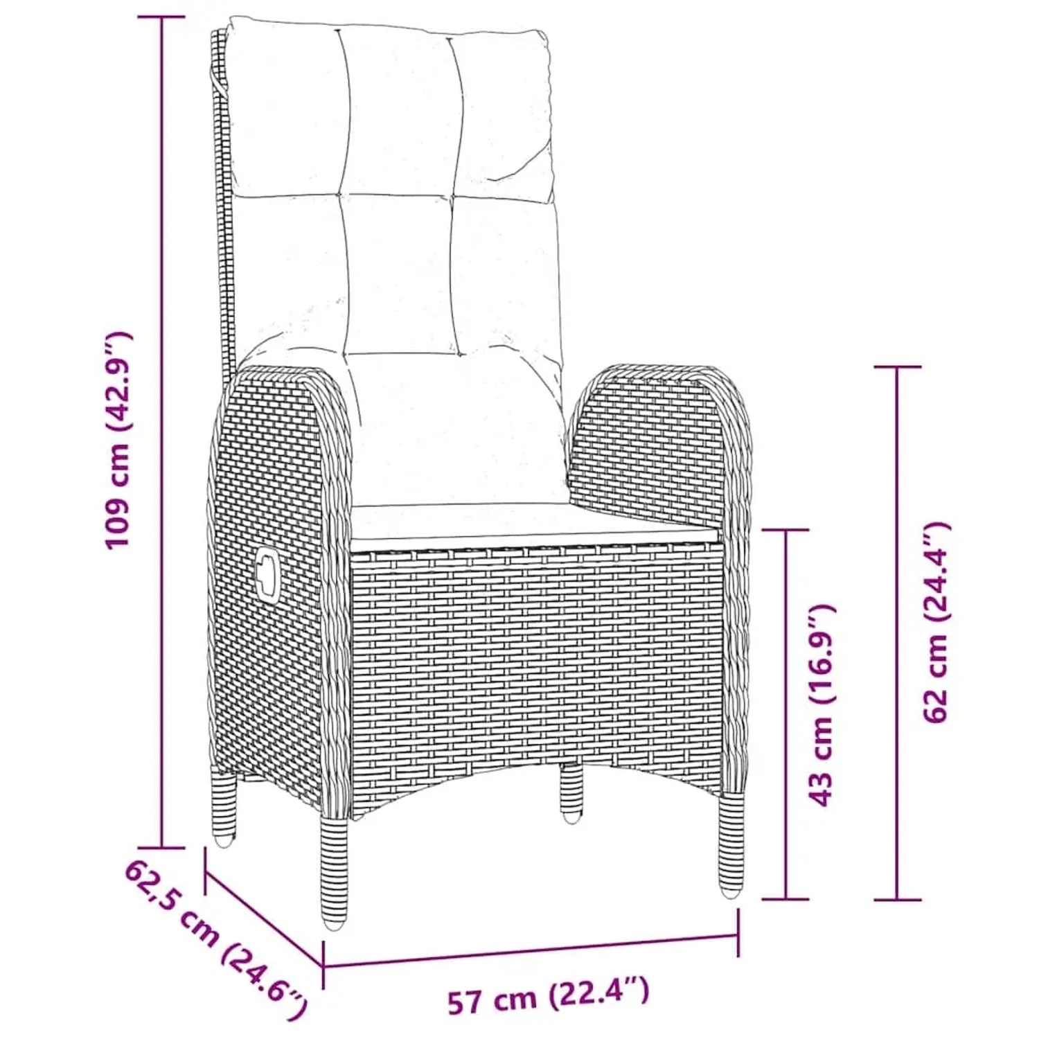 Skizze eines grauen vidaXL Gartenstuhls aus Polyrattan mit Kissen und Maßangaben.