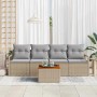 Beige-hellgraues 5-tlg. vidaXL Garten-Sofa-Set aus Rattan mit Tisch und grauen Kissen.