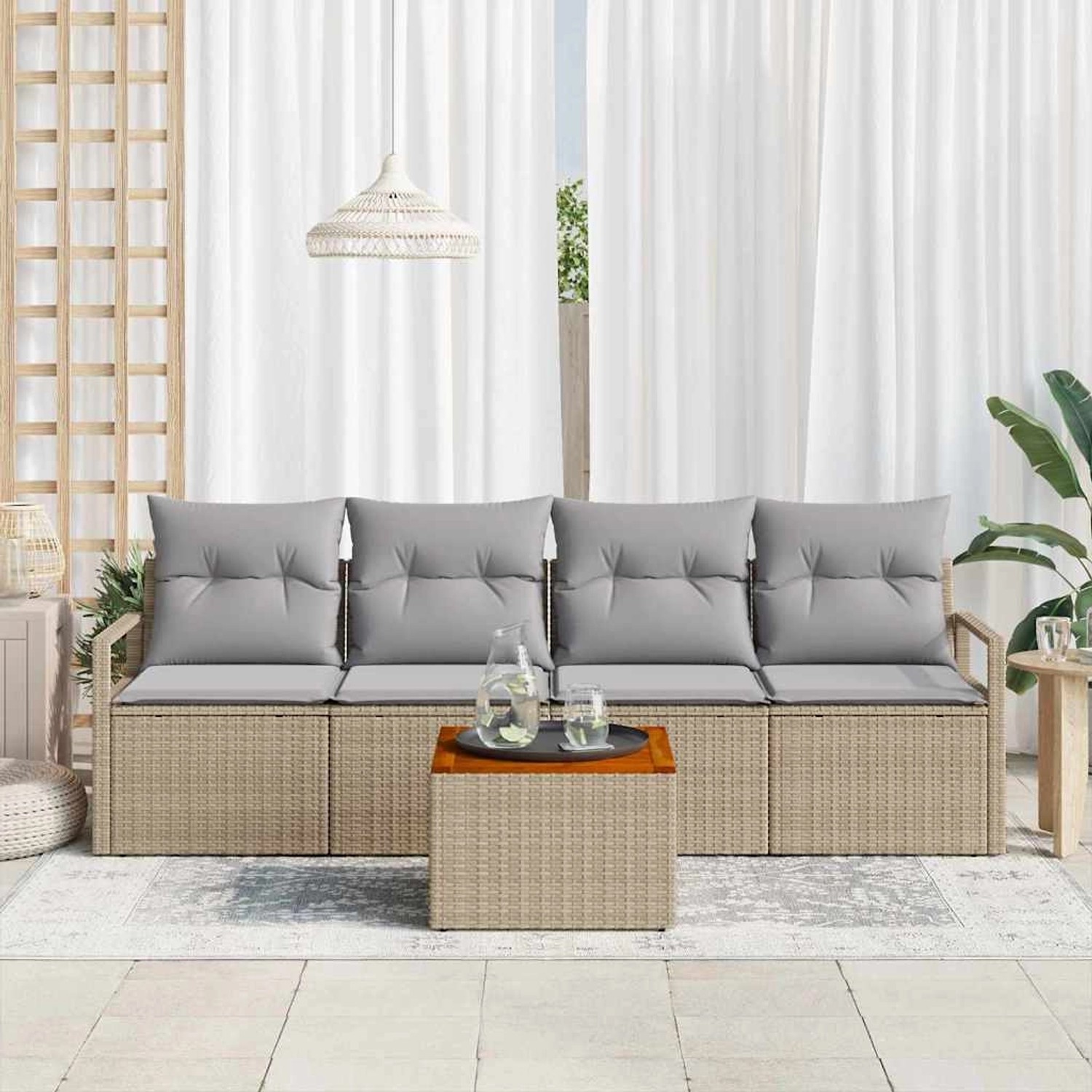 Beige-hellgraues 5-tlg. vidaXL Garten-Sofa-Set aus Rattan mit Tisch und grauen Kissen.