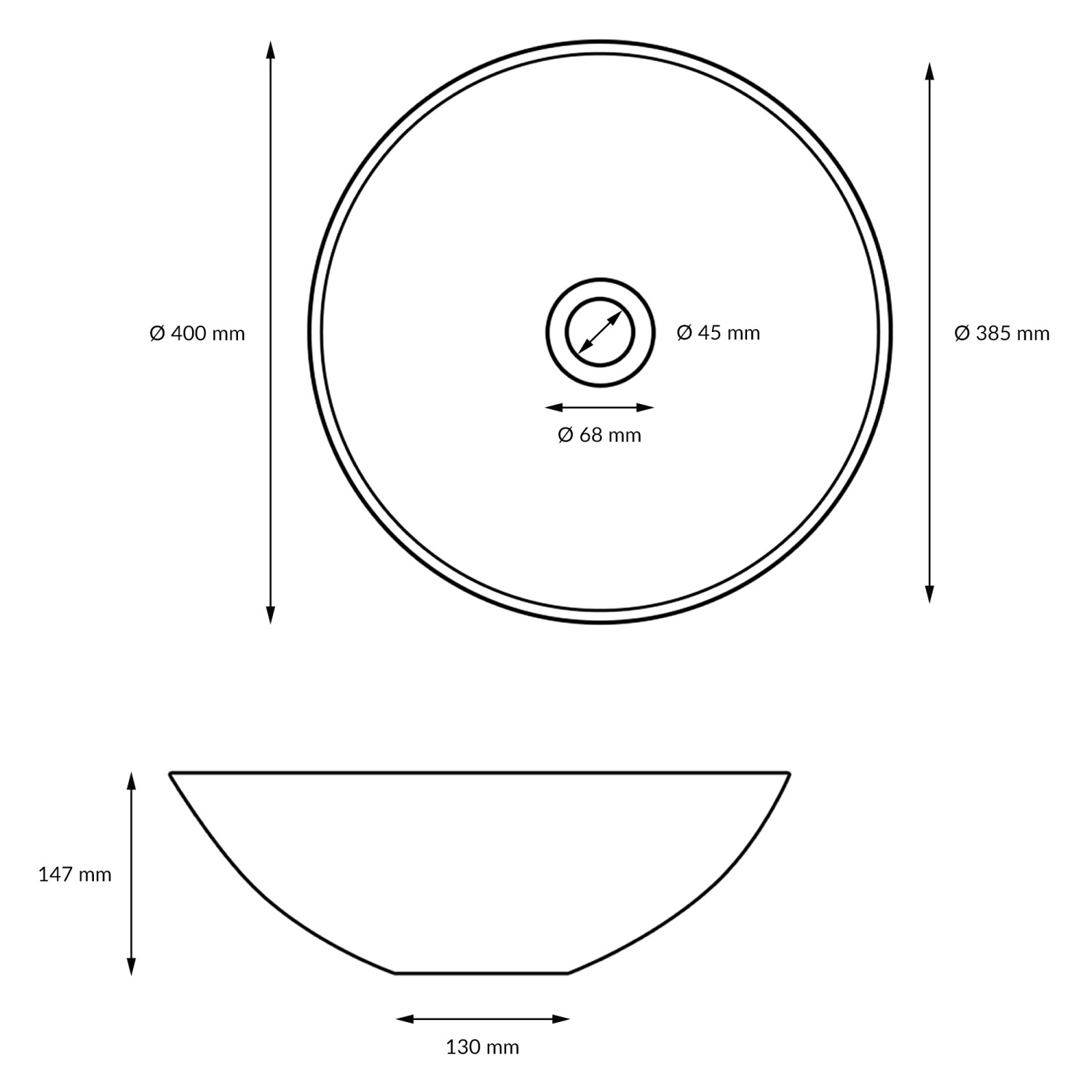 Skizze Waschbecken ECD Germany, rund, weiß, 400x147mm, Aufsatzwaschbecken mit Maßangaben.