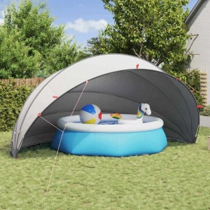 Grau-orangene Pool-Abdeckung von vidaXL über einem Pool mit Spielzeug im Garten.