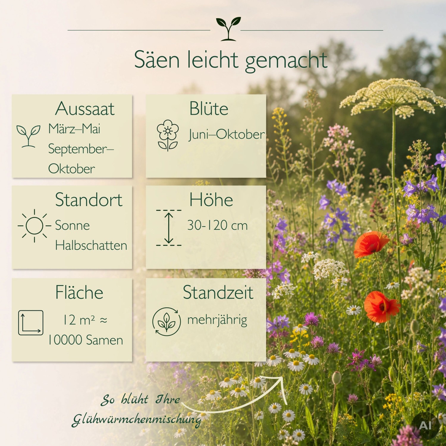 Bunte LaCaTho Glühwürmchenmischung Wildblumen auf einer Wiese mit Infos zu Aussaat, Blütezeit, Höhe und Standort.