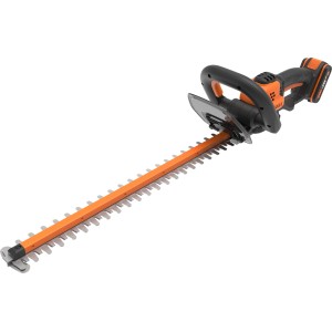 Worx Akku-Heckenschere WG264E 20 V mit orangefarbenen Klingen und schwarzem Griff.