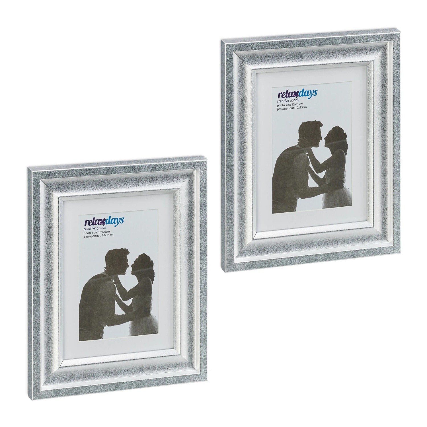 Relaxdays Bilderrahmen Kunststoff Glas Silber 2er Set mit Passepartout 15 cm x 20 cm