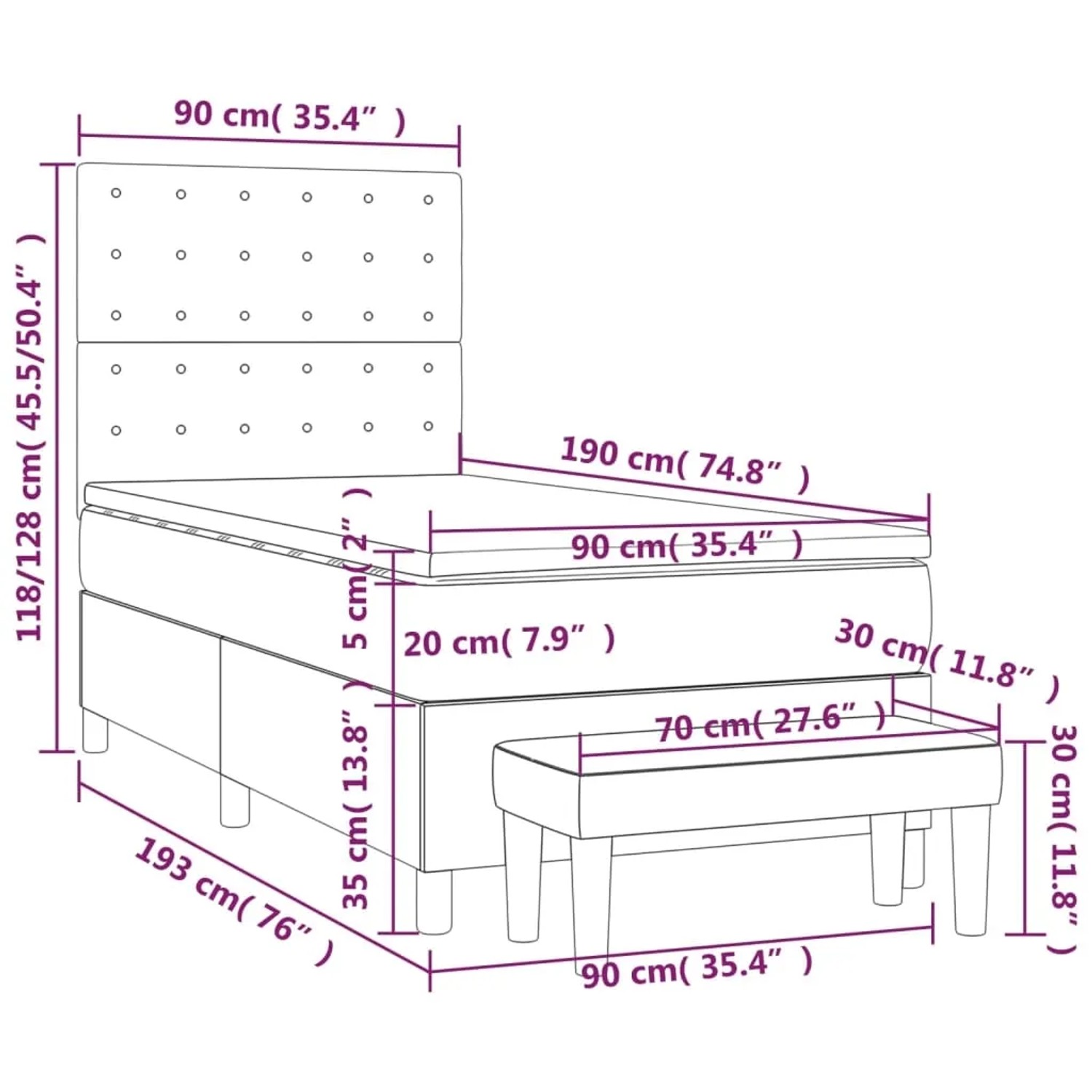 Rosa vidaXL Boxspringbett 90x190 cm mit Matratze und Bank, Maße eingezeichnet.