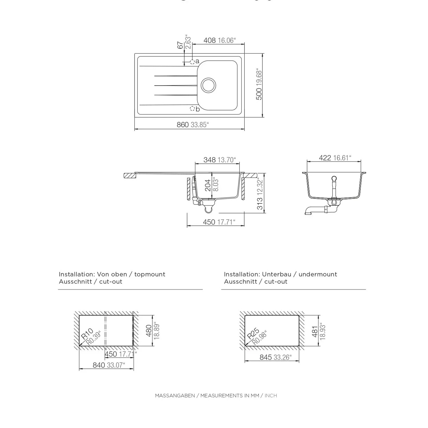 Technische Zeichnung der schwarzen Respekta Massivgranit Einbauspüle Orlando, Maße und Installationsarten.