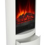 Weißer EL Fuego Elektrokamin Wien II mit simuliertem Feuer und offener Schublade.