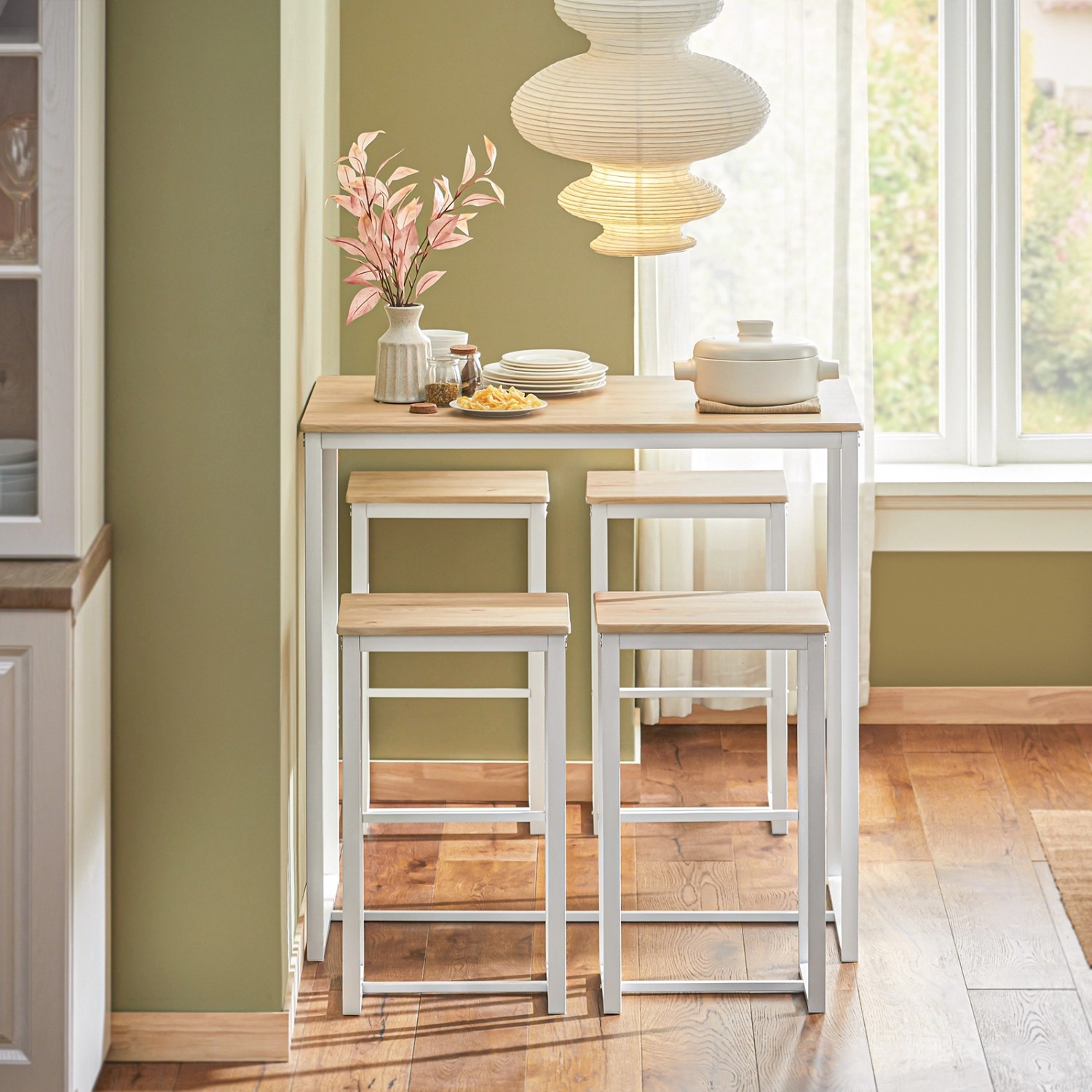 SoBuy Esstisch-Set mit 4 Barhockern, Holz/Metall, natur/weiß. Essgruppe für Küche oder Bar.