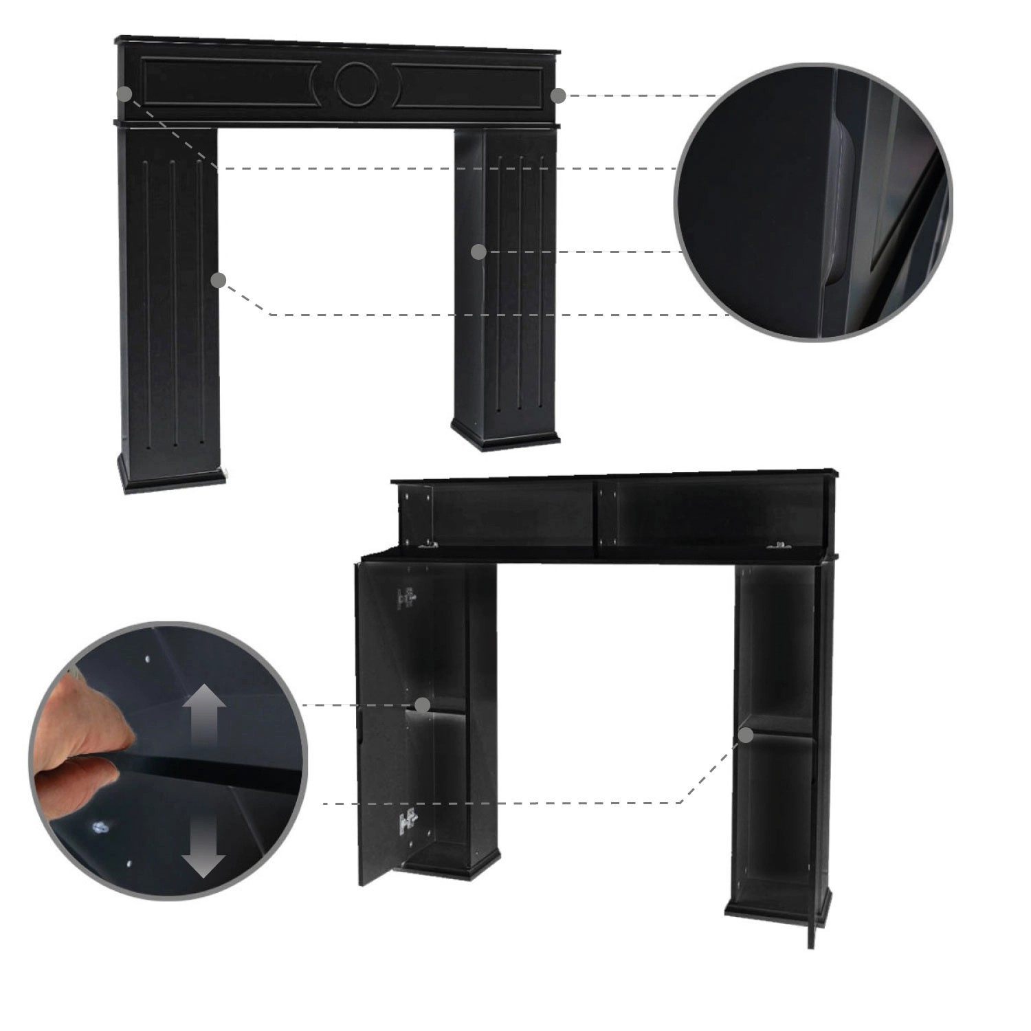 Schwarze DuneDesign Kaminkonsole mit Stauraum, Wohnzimmerschrank aus Holz (MDF).