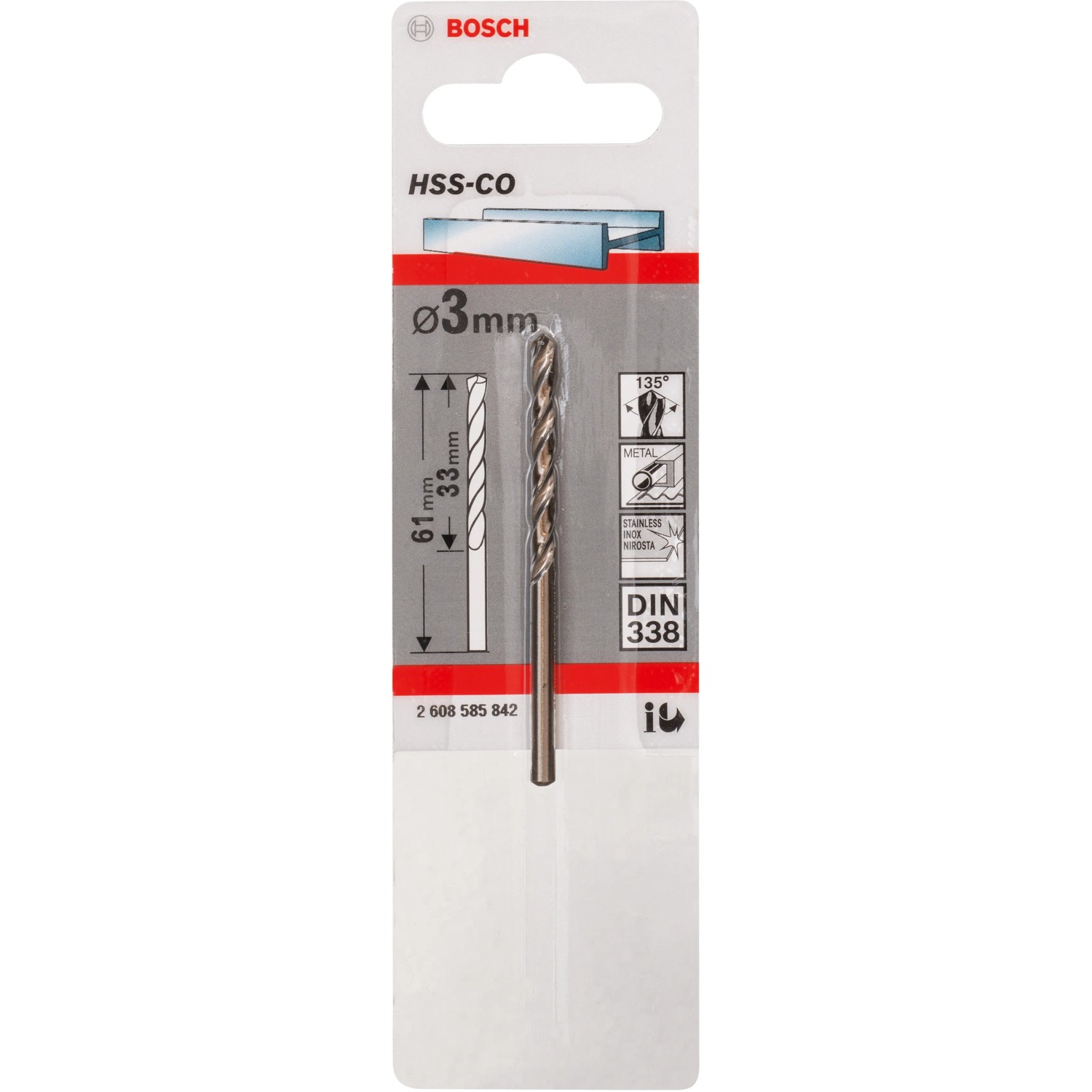 Bosch Metallbohrer Pro HSS-Co 3 mm, Spiralbohrer für Stahl, DIN 338, in Verpackung.