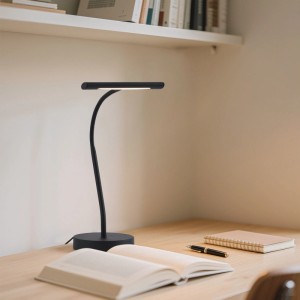 Schwarze Art Deco Tischleuchte QAZQA Tableau mit LED auf Schreibtisch mit Buch.