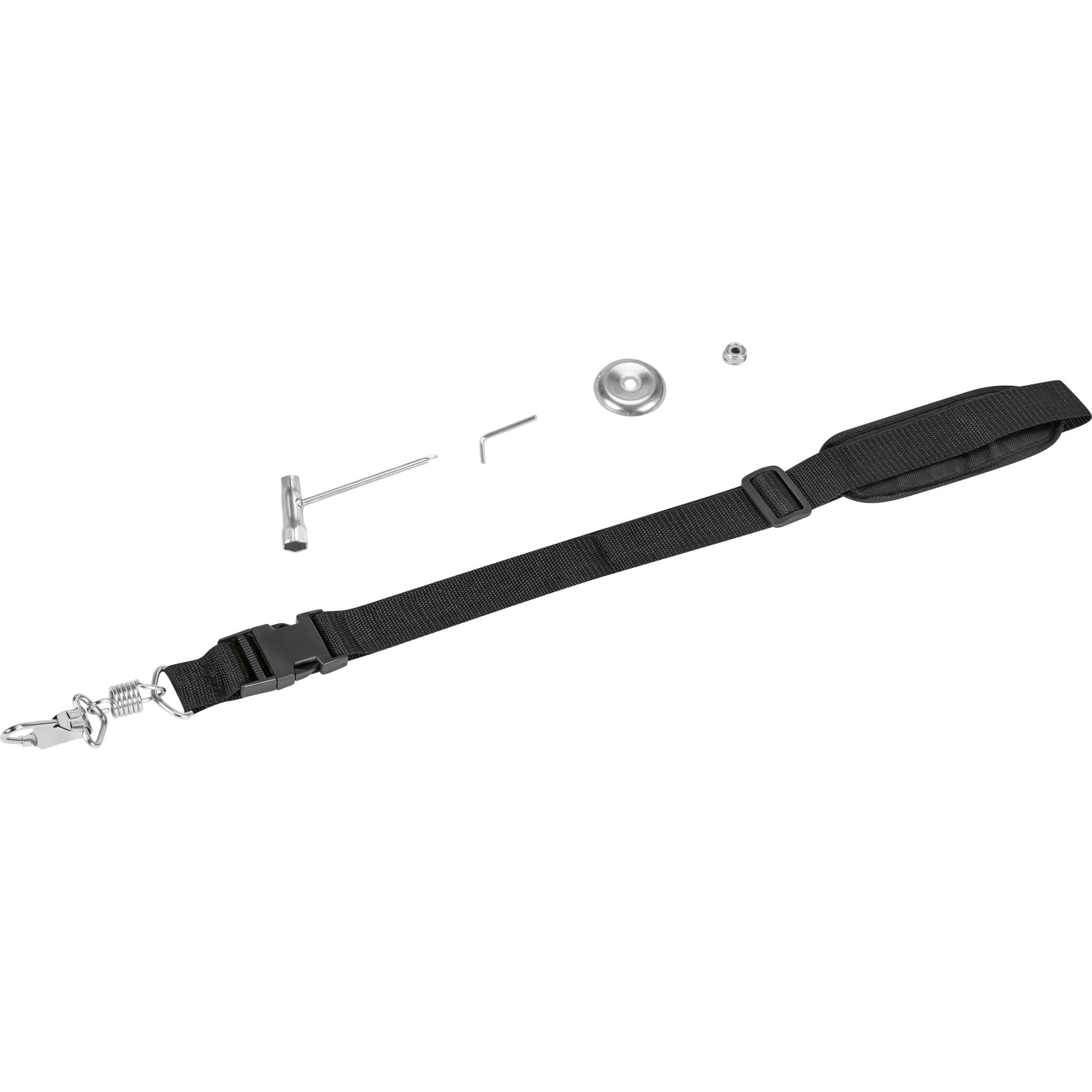 Zubehör für LUX-TOOLS Akku-Freischneider: Tragegurt, Werkzeug und Montageteile.