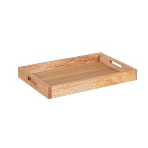 Rechteckiges Serviertablett aus Walnussholz und MDF in Naturfarbe, mit Griffen und hohem Rand.