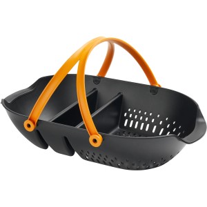 Fiskars Erntekorb Plus, schwarz-orange, mit Siebseite, geschlossenem Fach und Werkzeugfach.
