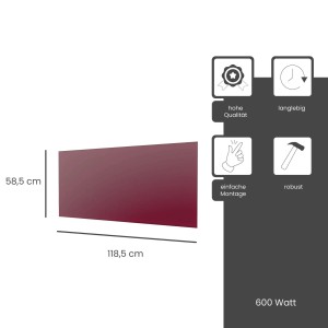 Fenix Infrarotheizung ECOSUN Glasheizung, 600W, weinrot, mit Maßangaben und Icons zu Produkteigenschaften.
