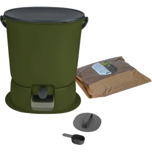 Skaza Bokashi Essential Starterset, olivegrüner Küchenkomposter mit Zubehör und Aktivator.
