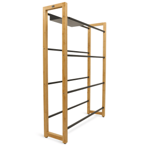 Holzfarbenes Getränkekistenregal mit schwarzer Ablage und Streben für 8 Kisten.