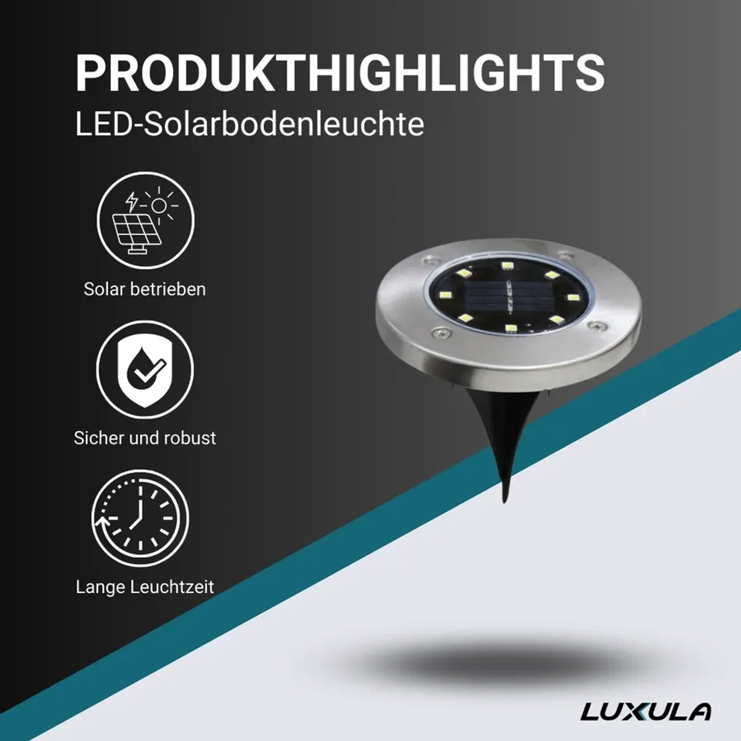 LUXULA Solar Bodenleuchte 6er-Set, Edelstahl/Schwarz, für Garten & Außenbereiche.