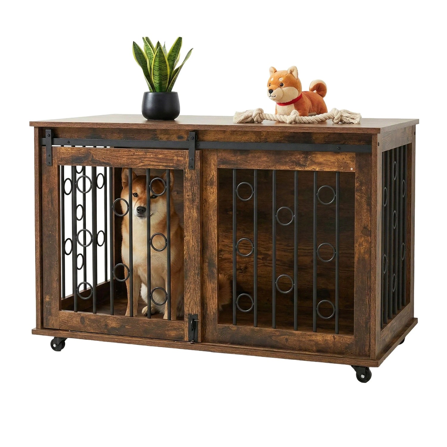 Relaxdays Hundekäfigmöbel Stahl Braun mit 2 Türen und Rollen 64 cm x 100 cm x 59 cm