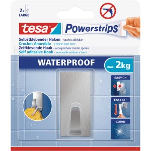 Tesa Powerstrips Haken Waterproof Edelstahl Large, eckiger Klebehaken für Bad und Küche, bis 2 kg.