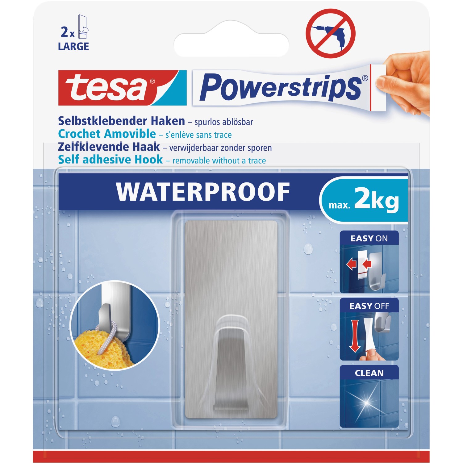 Tesa Powerstrips Haken Waterproof eckig Edelstahl Large