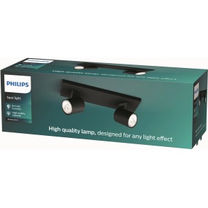 Verpackung der schwarzen Philips LED-Spot myLiving Runner mit 2 Leuchten. Exklusive Leuchtmittel.