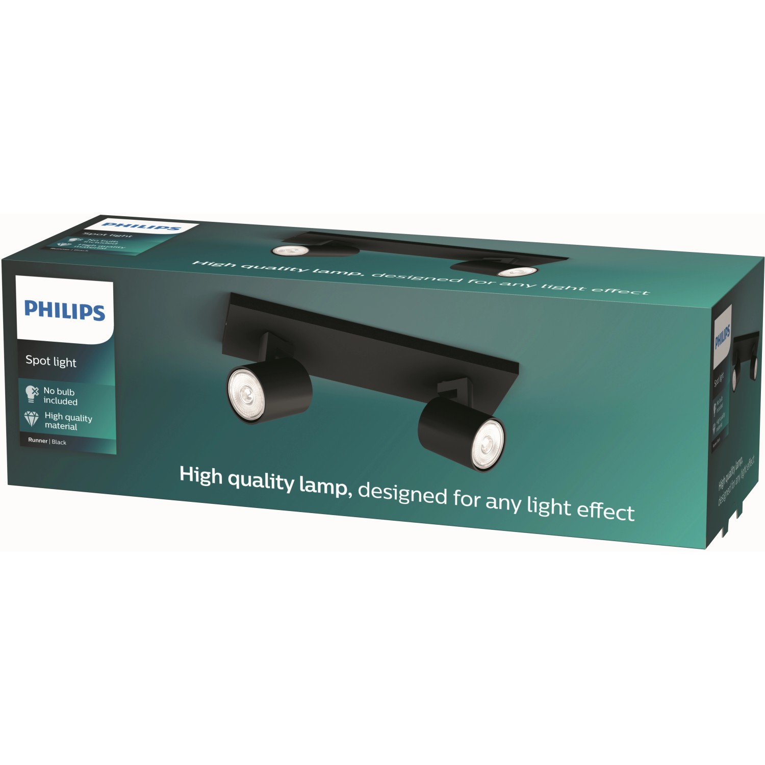 Verpackung der schwarzen Philips LED-Spot myLiving Runner mit 2 Leuchten. Exklusive Leuchtmittel.