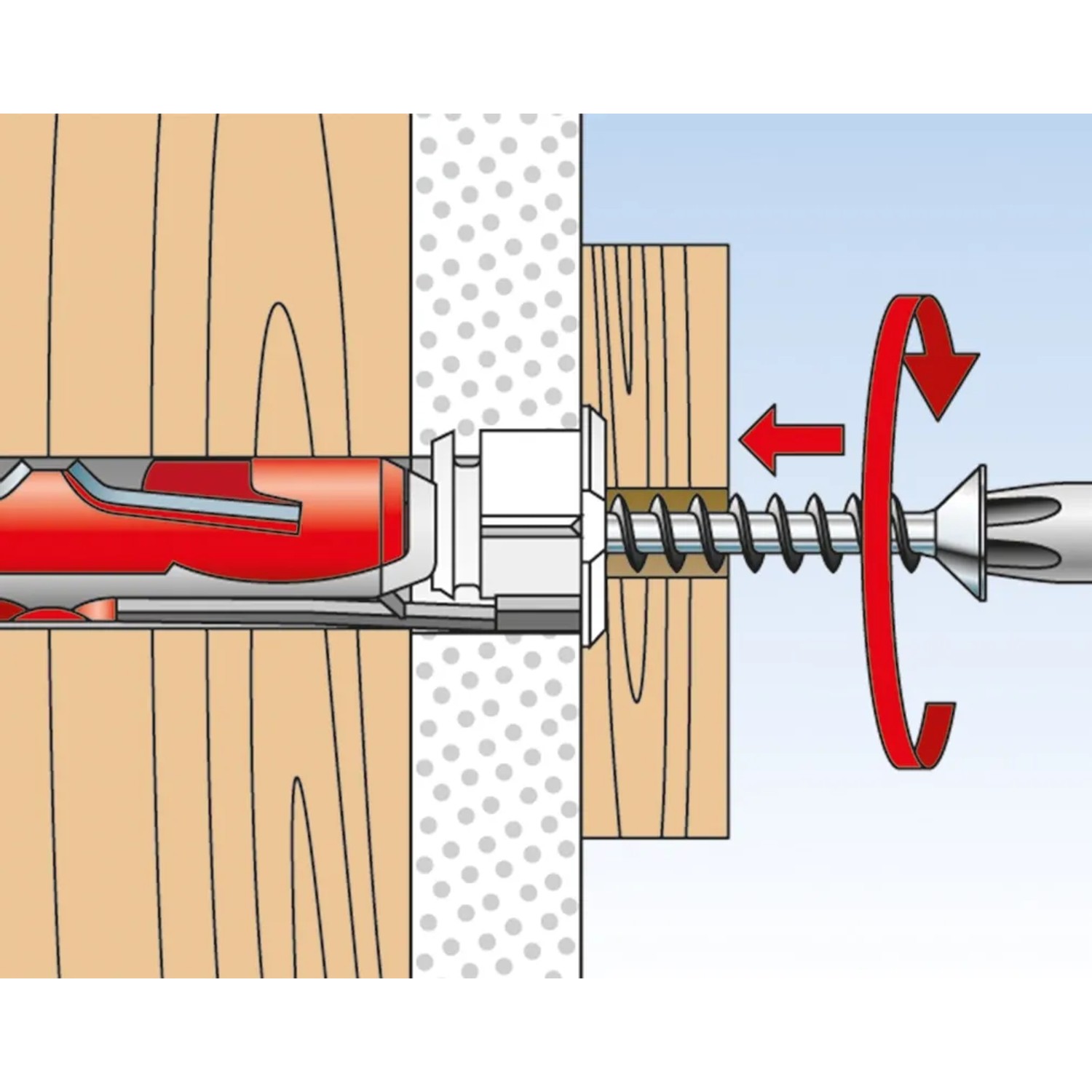 Illustration eines Fischer Duotec Kippdübels 12 mit Schraube in Wandmontage, rote Pfeile zeigen die Drehbewegung.