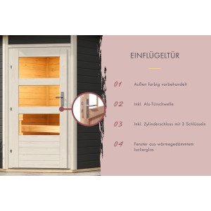 Karibu Außensauna Türpaket Modern, elfenbeinweiß, mit Glasausschnitten und Zylinderschloss.