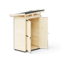 Upyard Gartenhaus Strongbox S aus Holz mit geöffneten Doppeltüren und Fundament.