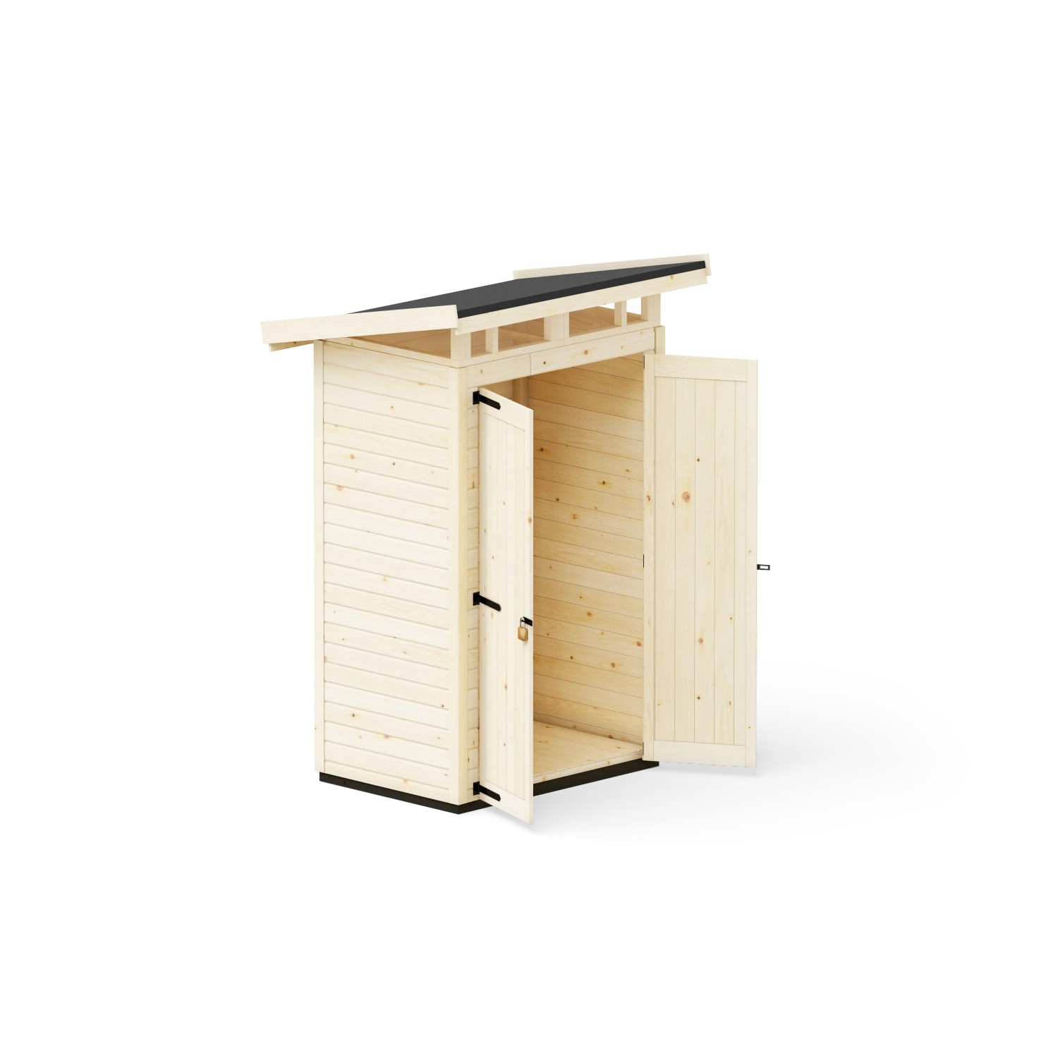 Upyard Gartenhaus Strongbox S aus Holz mit geöffneten Doppeltüren und Fundament.