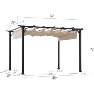Sunjoy Pergola Giona, Stahl, 363x277 cm, weiß, mit beigem Stoffschirm und Maßangaben.