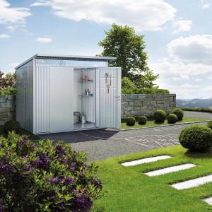 Biohort AvantGarde Gerätehaus A5, quarzgrau-metallic, mit geöffneter Doppeltür und Inneneinrichtung.