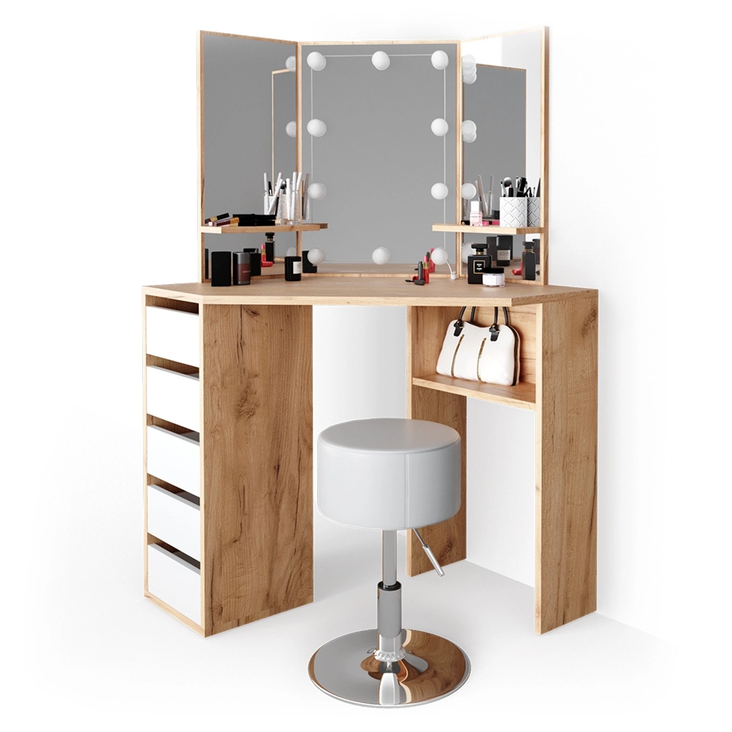 Eckschminktisch Arielle in Goldkraft Eiche mit LED, Spiegel und Hocker. Ideal für die tägliche Beauty-Routine.