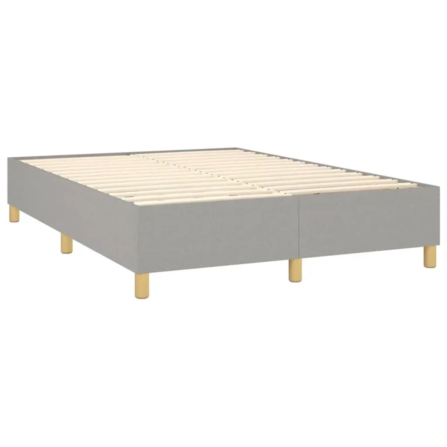 Helles, graues Boxspringbett 140x190 cm mit Holzlattenrost und Füßen.