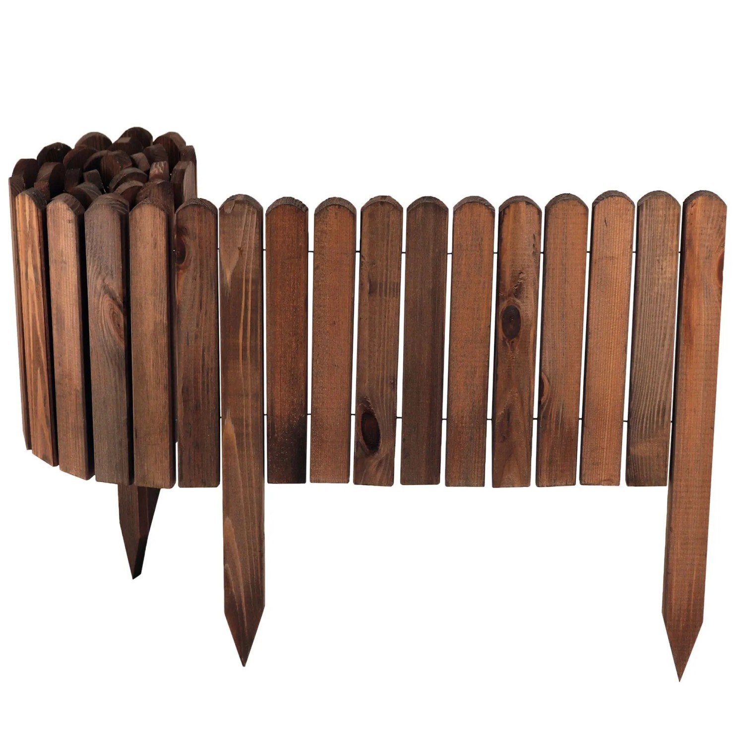 Dunkelbrauner Aquagart Holz Rollzaun, flexibel gerollt und ausgerollt, 10x200 cm. Beeteinfassung aus imprägniertem Kiefernholz.