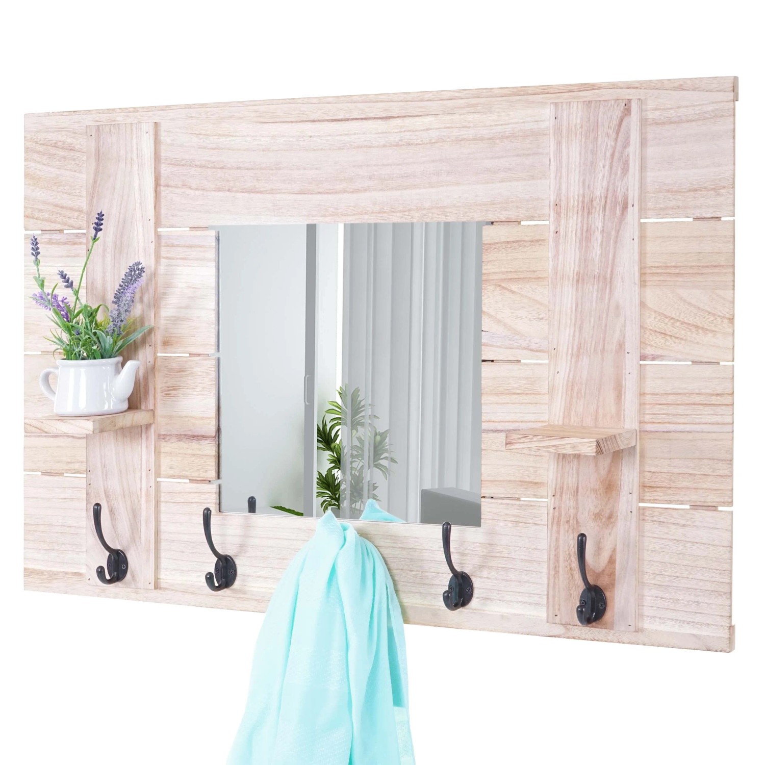 MCW Wandgarderobe C89 mit Spiegel, naturbraun, im Shabby-Look mit Ablagen und Haken.