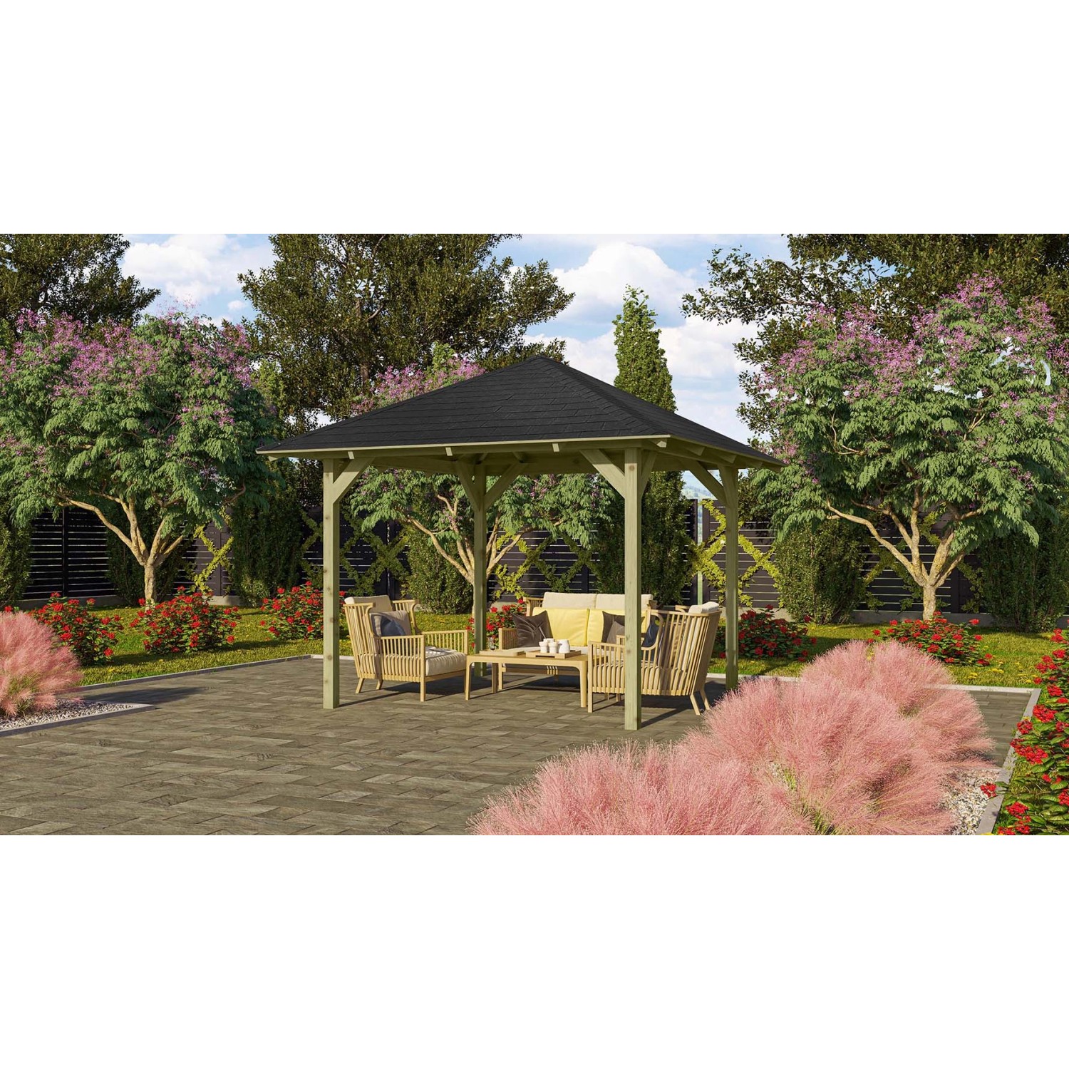 Karibu Pavillon Bever 1 Set kdi mit Schindeln Schwarz 265 cm x 265 cm x 290 cm