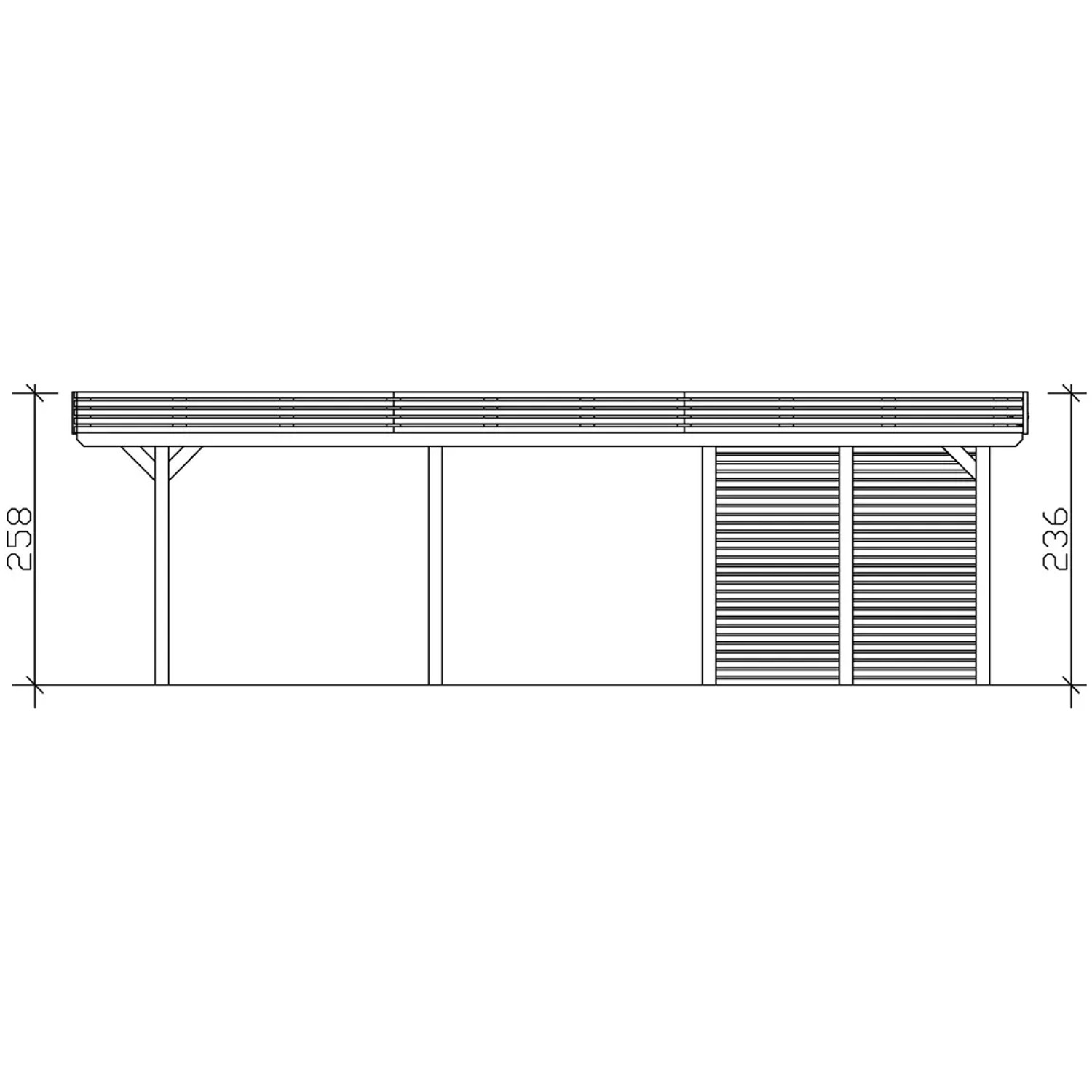 Technische Zeichnung: Skan Holz Carport Spessart mit Abstellraum, Maße und Details.