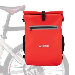 Rote Wiltec 20L Fahrradtasche am Gepäckträger, wasserresistent, mit Reißverschlusstasche. Auch als Rucksack nutzbar.
