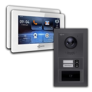 Goliath Video Türklingel für 2 Familien, 7 Zoll Display, RFID, Unterputzmontage, anthrazitfarbene Außenstation.