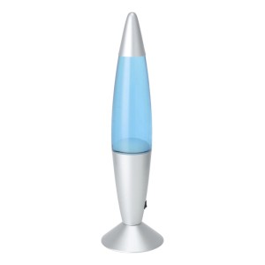 Eglo LED-Lavatischleuchte: Silberne Basis, blauer Flüssigkeitszylinder mit weißem Wachs. Dekorative Tischlampe.