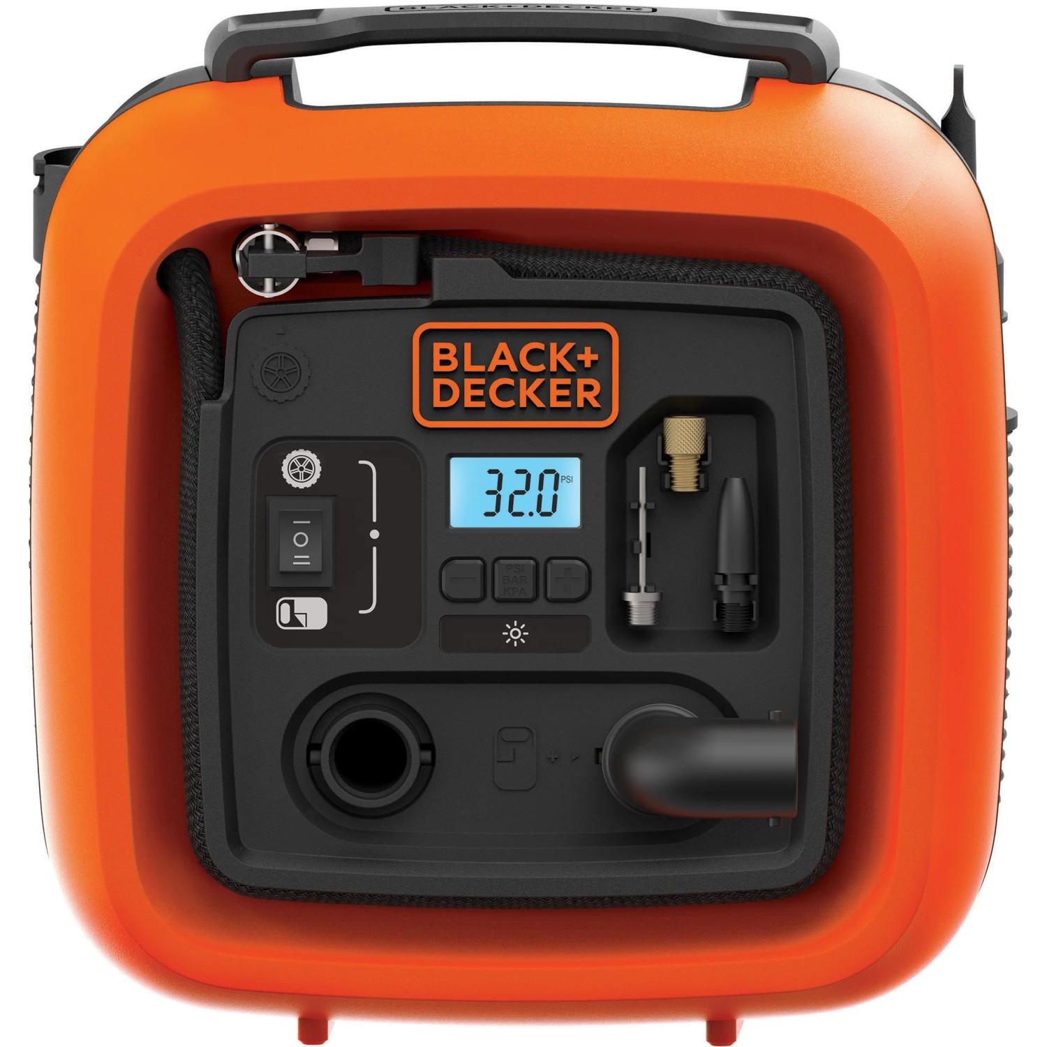 Black+Decker Luftpumpe ASI400 mit 12V Anschluss, Kompressor mit Digitalanzeige und Zubehör.