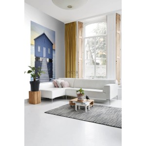 ESTAhome Fototapete Strandhaus-Motiv in Blau, Grau und Abendrot im Wohnraum.