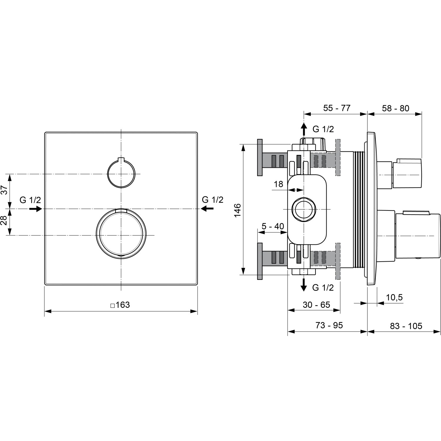 Technische Zeichnung: Ideal Standard Ceratherm C100 Unterputz Thermostat, Silk Black, Maße und Anschlüsse.