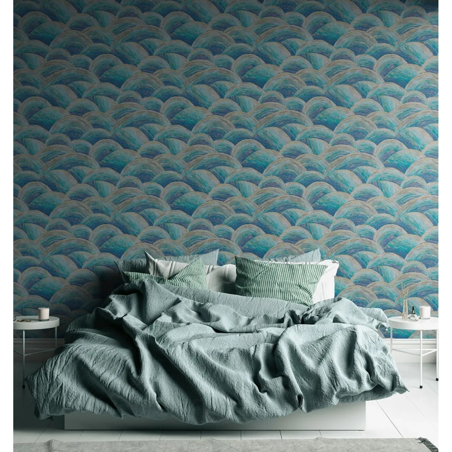 AS-Creation Vliestapete Abstrakt in Blau/Türkis mit Wellenmuster im Schlafzimmer.