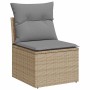 Beige Garten-Sofagarnitur aus Polyrattan mit grauen Kissen. Modulares Element mit Stauraum.